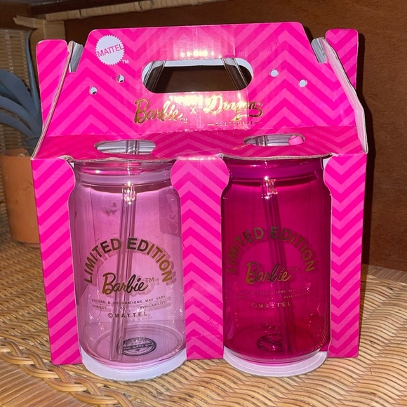 Barbie Drinking Glasses Pink Barbie Glass Cups lids straws Barbie X Dragon 🆕 🎀 - Picture 4 of 13